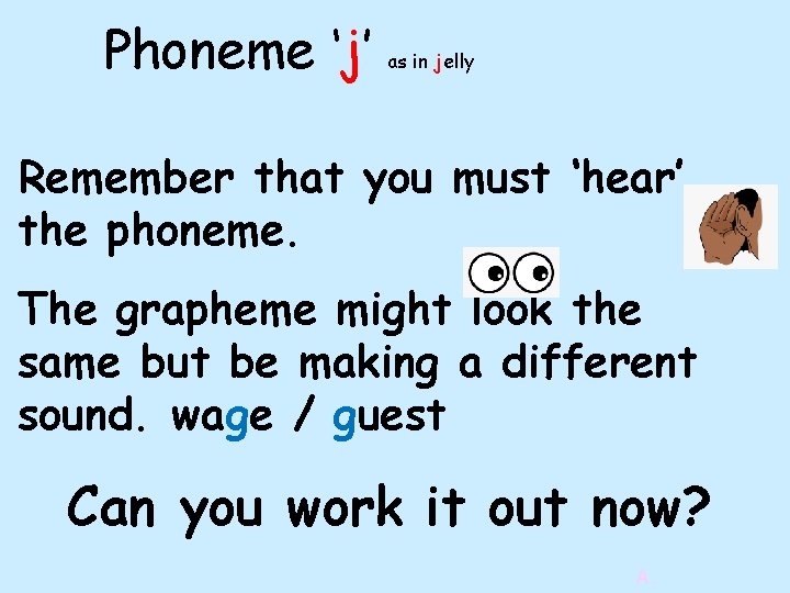 Phoneme ‘j’ as in jelly Remember that you must ‘hear’ the phoneme. The grapheme