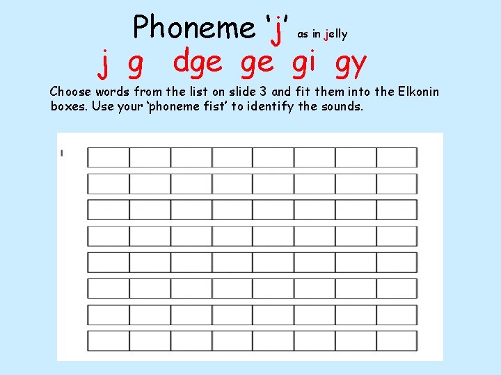 Phoneme ‘j’ j g dge ge gi gy as in jelly Choose words from