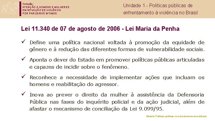 Coleção: ATENÇÃO A HOMENS E MULHERES EM SITUAÇÃO DE VIOLÊNCIA POR PARCEIROS ÍNTIMOS Unidade