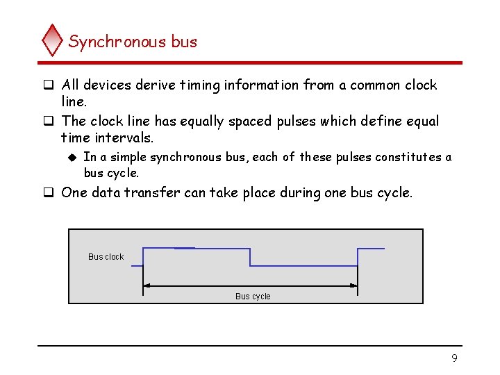 Synchronous bus q All devices derive timing information from a common clock line. q