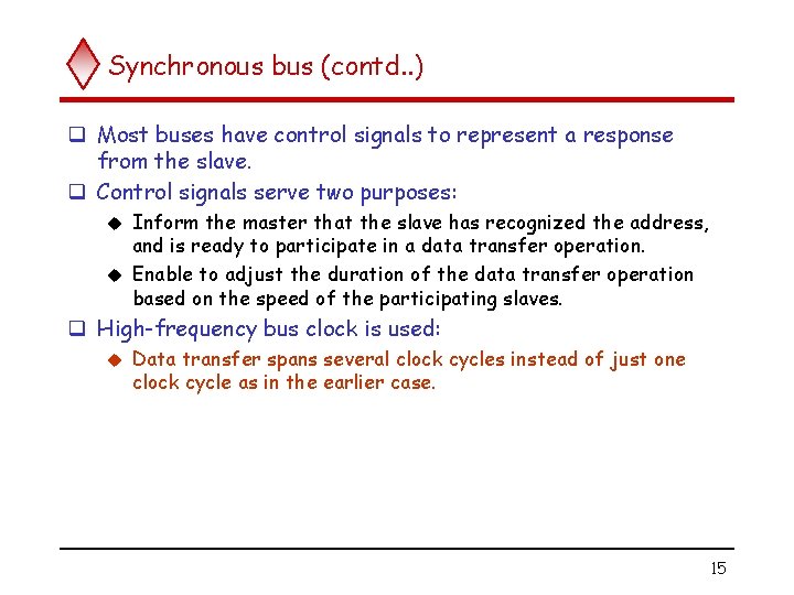 Synchronous bus (contd. . ) q Most buses have control signals to represent a