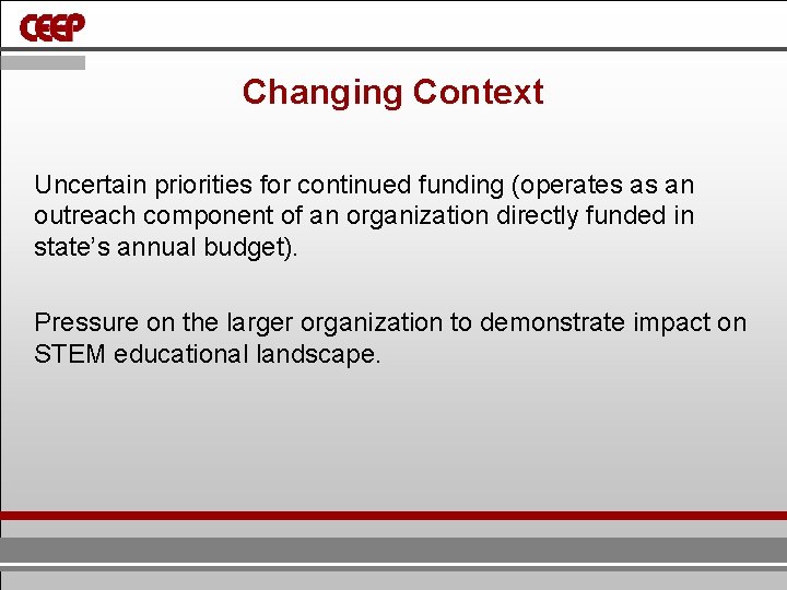 Changing Context Uncertain priorities for continued funding (operates as an outreach component of an