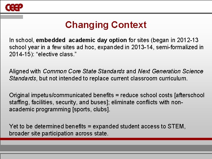 Changing Context In school, embedded academic day option for sites (began in 2012 -13