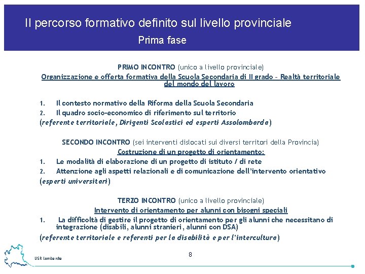 Il percorso formativo definito sul livello provinciale Prima fase PRIMO INCONTRO (unico a livello