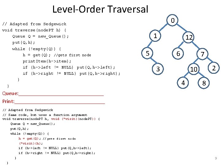 Level-Order Traversal // Adapted from Sedgewick void traverse(node. PT h) { Queue Q =