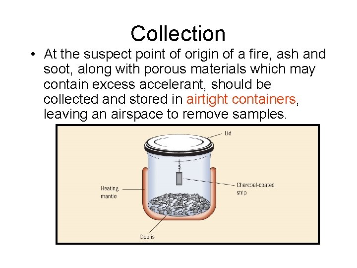 Collection • At the suspect point of origin of a fire, ash and soot,