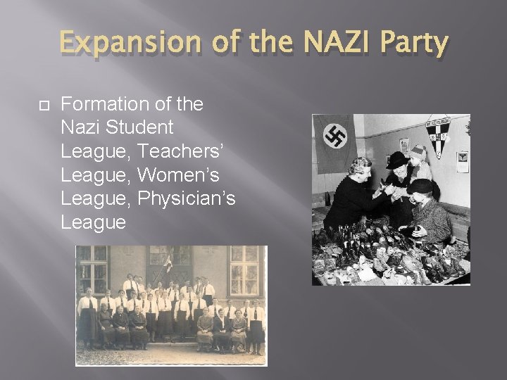 Expansion of the NAZI Party Formation of the Nazi Student League, Teachers’ League, Women’s