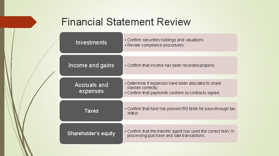 Financial Statement Review Investments Income and gains Accruals and expenses • Confirm securities holdings