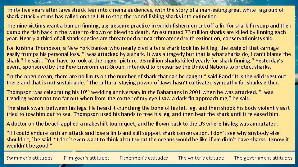 Thirty five years after Jaws struck fear into cinema audiences, with the story of Thirty five years after Jaws struck fear into cinema audiences, with the story of
