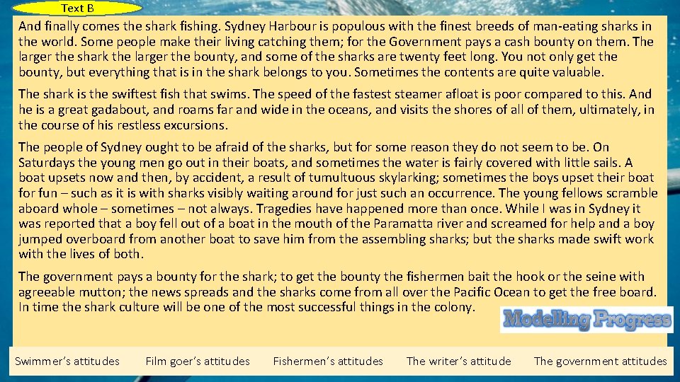 Text B And finally comes the shark fishing. Sydney Harbour is populous with the Text B And finally comes the shark fishing. Sydney Harbour is populous with the