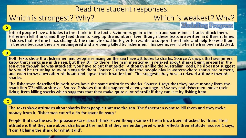 Read the student responses. Which is strongest? Why? Which is weakest? Why? A B Read the student responses. Which is strongest? Why? Which is weakest? Why? A B