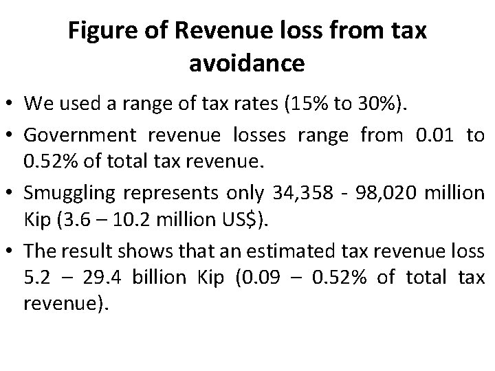 Figure of Revenue loss from tax avoidance • We used a range of tax