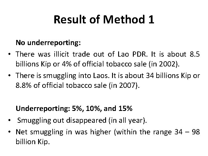 Result of Method 1 No underreporting: • There was illicit trade out of Lao