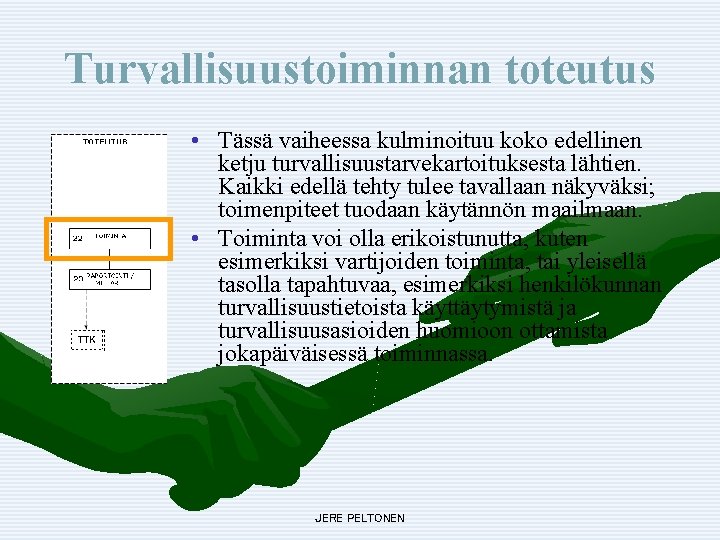 Turvallisuustoiminnan toteutus • Tässä vaiheessa kulminoituu koko edellinen ketju turvallisuustarvekartoituksesta lähtien. Kaikki edellä tehty