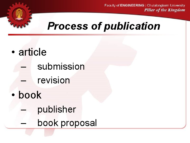 Process of publication • article – – submission revision • book – – publisher