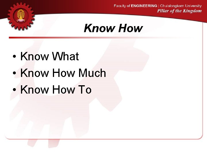 Know How • Know What • Know How Much • Know How To 