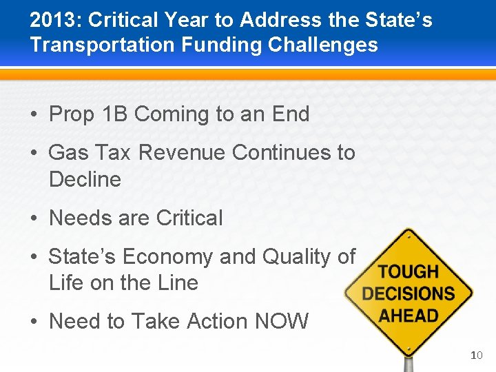 2013: Critical Year to Address the State’s Transportation Funding Challenges • Prop 1 B