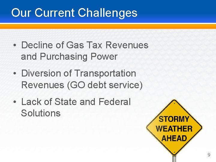Our Current Challenges • Decline of Gas Tax Revenues and Purchasing Power • Diversion