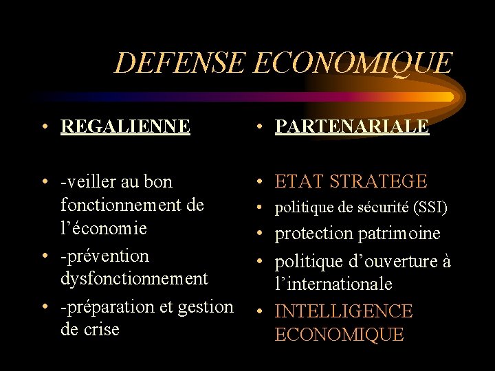 DEFENSE ECONOMIQUE • REGALIENNE • PARTENARIALE • -veiller au bon fonctionnement de l’économie •