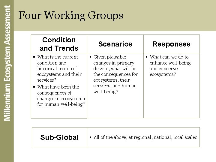 Four Working Groups Condition and Trends Scenarios § Given plausible § What is the