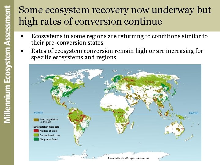 Some ecosystem recovery now underway but high rates of conversion continue § § Ecosystems