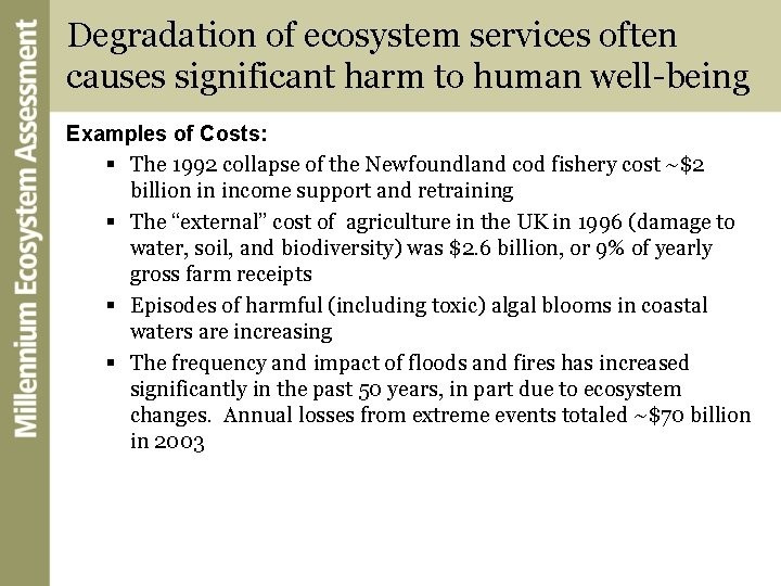 Degradation of ecosystem services often causes significant harm to human well-being Examples of Costs: