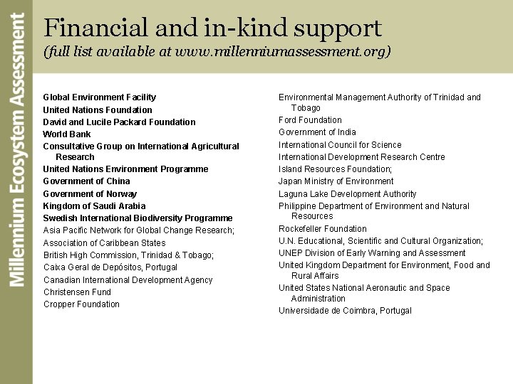 Financial and in-kind support (full list available at www. millenniumassessment. org) Global Environment Facility