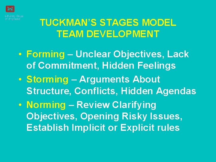 TUCKMAN’S STAGES MODEL TEAM DEVELOPMENT • Forming – Unclear Objectives, Lack of Commitment, Hidden