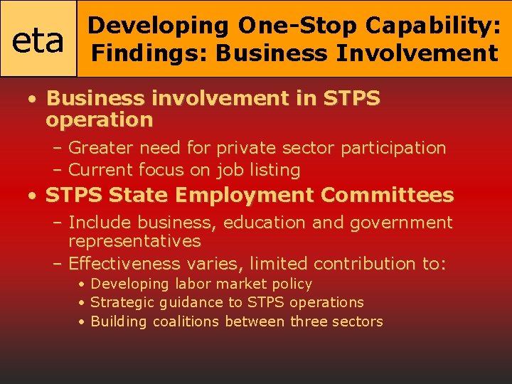 eta Developing One-Stop Capability: Findings: Business Involvement • Business involvement in STPS operation –
