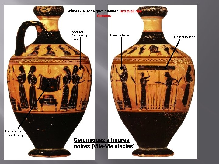 Scènes de la vie quotidienne : le travail des femmes Cardent (peignent) la laine