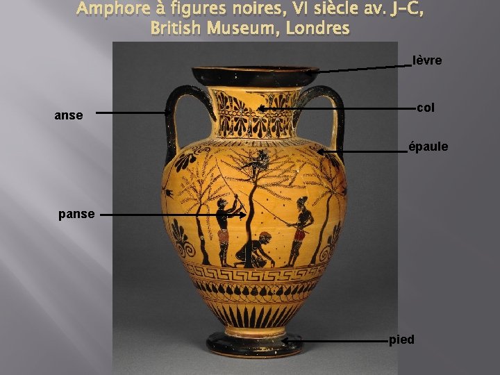 Amphore à figures noires, VI siècle av. J-C, British Museum, Londres lèvre col anse