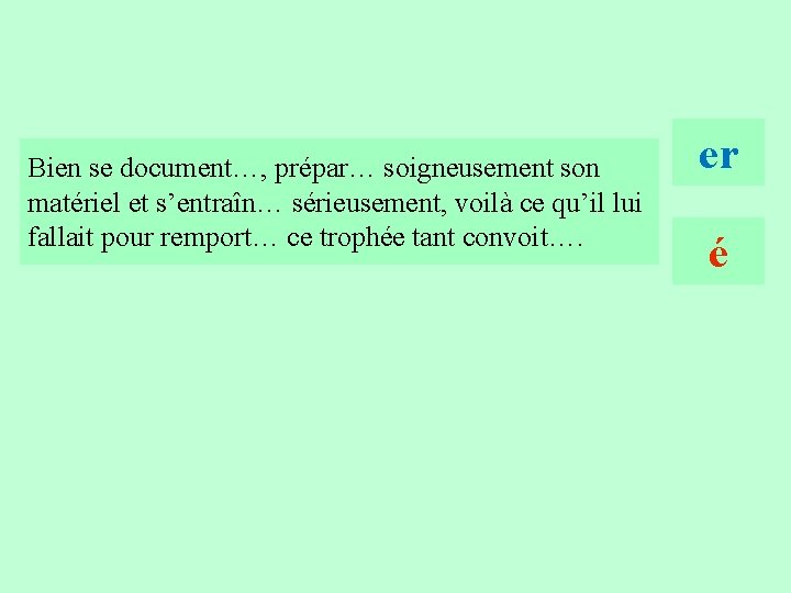 17 Bien se document…, prépar… soigneusement son matériel et s’entraîn… sérieusement, voilà ce qu’il