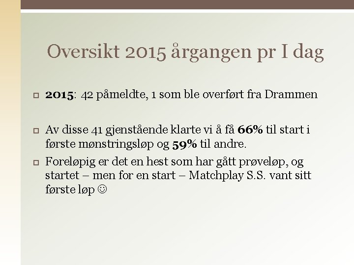 Oversikt 2015 årgangen pr I dag 2015: 42 påmeldte, 1 som ble overført fra