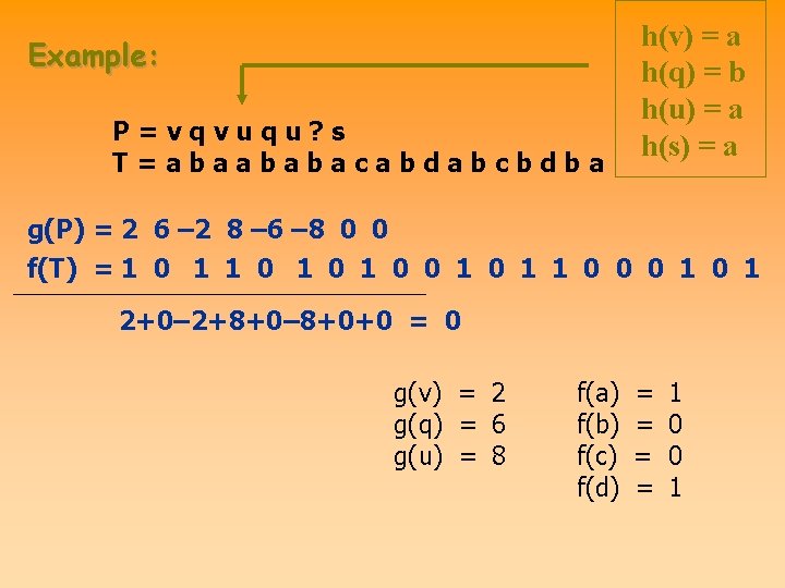 Example: P=vqvuqu? s T=abaababacabdabcbdba h(v) = a h(q) = b h(u) = a h(s)
