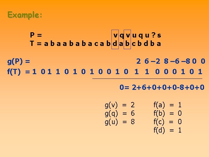 Example: P= vqvuqu? s T=abaababacabdabcbdba g(P) = 2 6 – 2 8 – 6