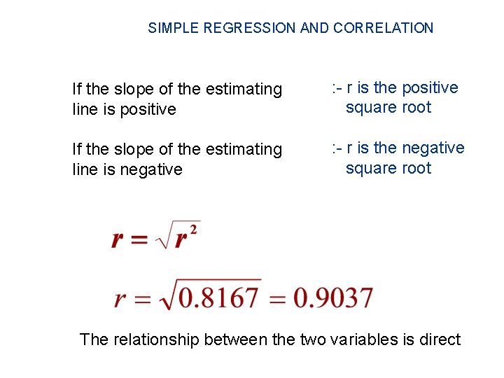 SIMPLE REGRESSION AND CORRELATION If the slope of the estimating line is positive :