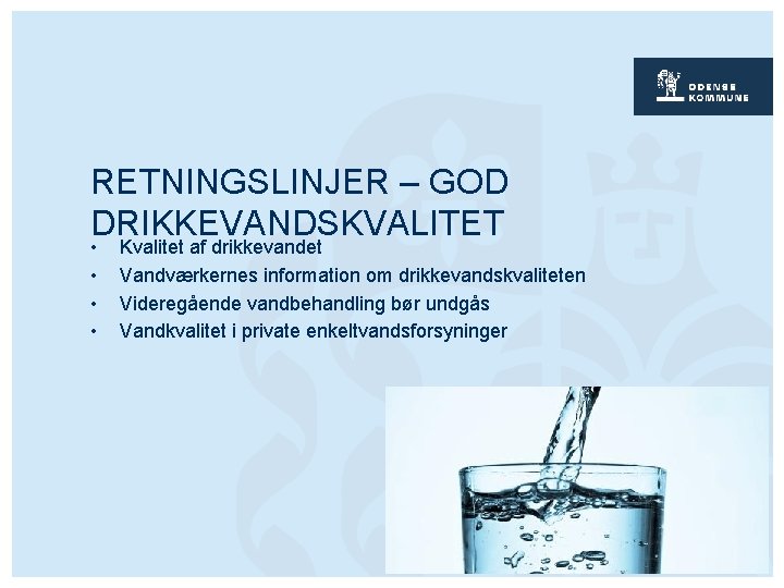 RETNINGSLINJER – GOD DRIKKEVANDSKVALITET • • Kvalitet af drikkevandet Vandværkernes information om drikkevandskvaliteten Videregående