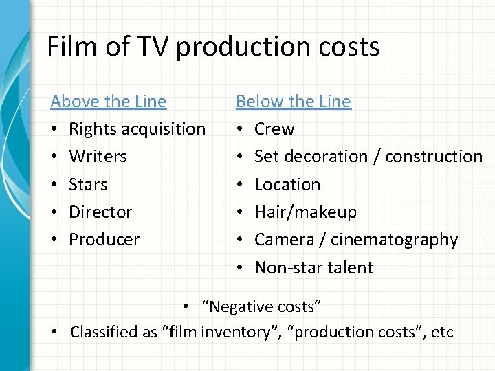 Film of TV production costs Above the Line • Rights acquisition • Writers •