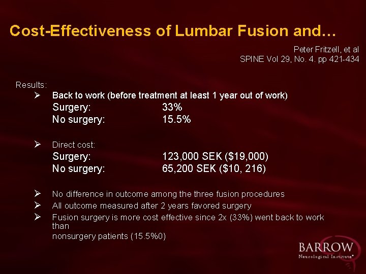 Cost-Effectiveness of Lumbar Fusion and… Peter Fritzell, et al SPINE Vol 29, No. 4.