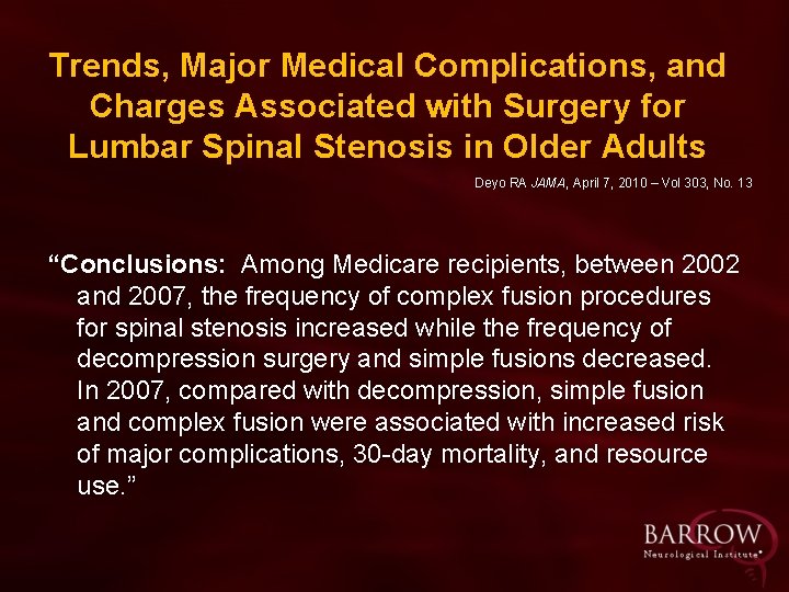 Trends, Major Medical Complications, and Charges Associated with Surgery for Lumbar Spinal Stenosis in