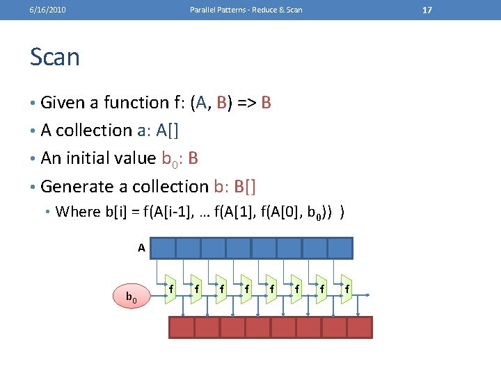 6/16/2010 17 Parallel Patterns - Reduce & Scan • Given a function f: (A,