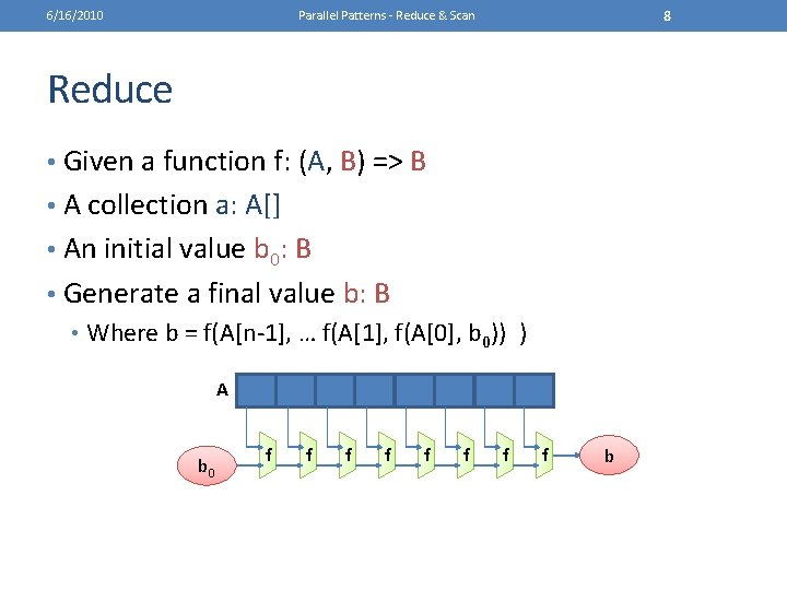 6/16/2010 8 Parallel Patterns - Reduce & Scan Reduce • Given a function f: