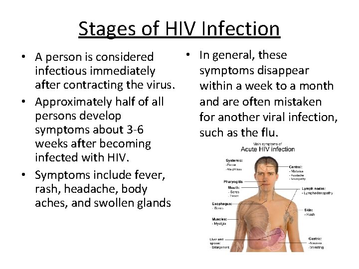 Stages of HIV Infection • In general, these • A person is considered symptoms