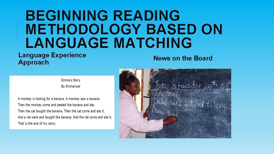 BEGINNING READING METHODOLOGY BASED ON LANGUAGE MATCHING Language Experience Approach News on the Board