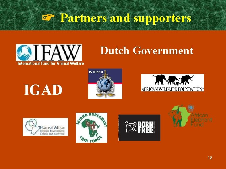 ☞ Partners and supporters Dutch Government International fund for Animal Welfare IGAD 18 