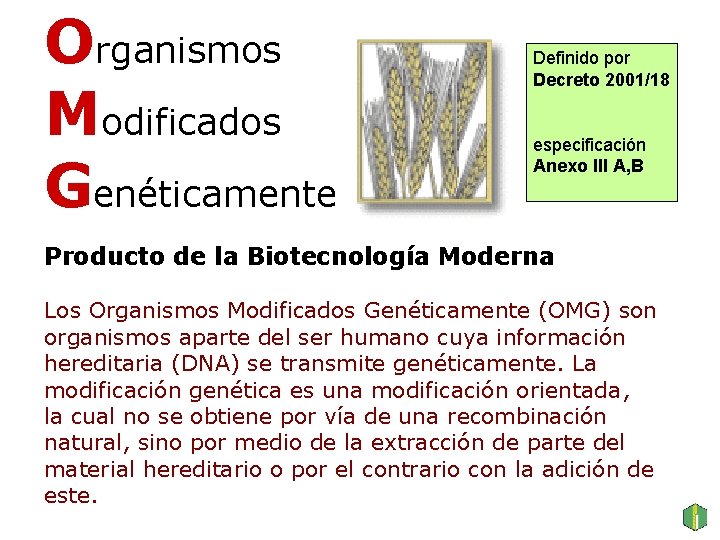 Organismos Modificados Genéticamente Definido por Decreto 2001/18 especificación Anexo III A, B Producto de