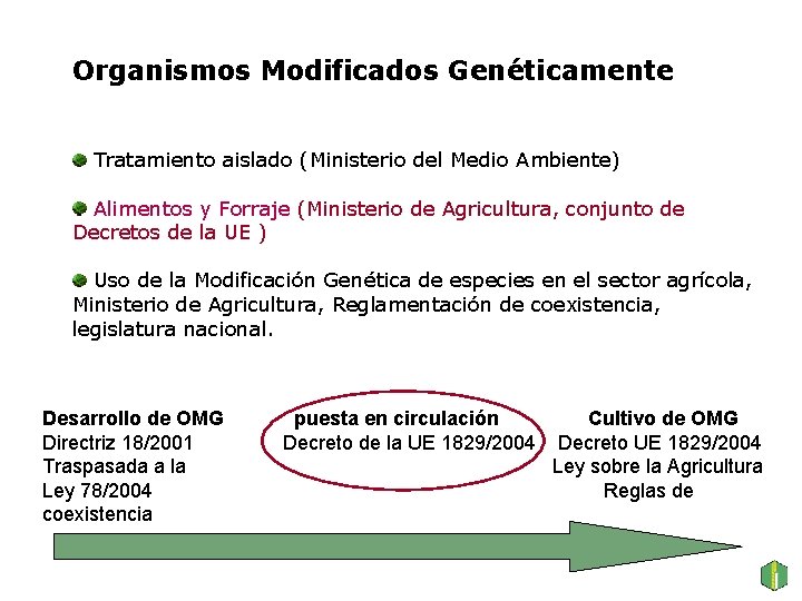 Organismos Modificados Genéticamente Tratamiento aislado (Ministerio del Medio Ambiente) Alimentos y Forraje (Ministerio de