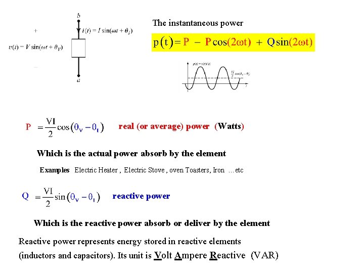 The instantaneous power real (or average) power (Watts) Which is the actual power absorb