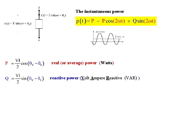 The instantaneous power real (or average) power (Watts) reactive power (Volt Ampere Reactive (VAR)