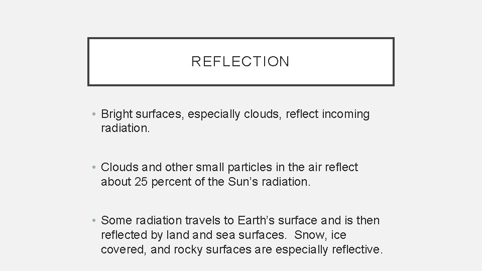 REFLECTION • Bright surfaces, especially clouds, reflect incoming radiation. • Clouds and other small